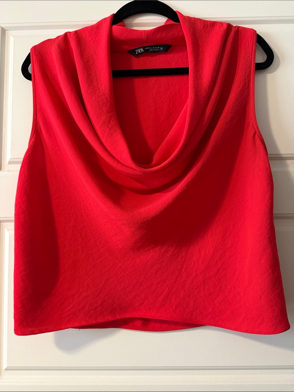 Zara Bright Red Draped Cowl Neck Sleeveless Top